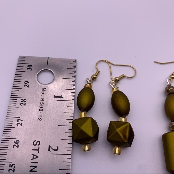 Set of Three NWOT Dark Olive Green Vibrant Long Beaded Dangle Earrings - Picture 7 of 7
